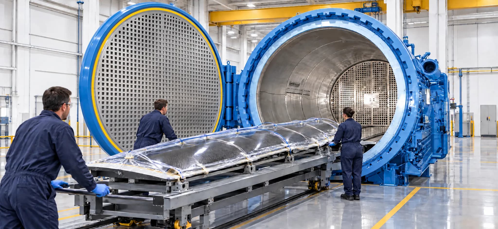 Technicians rolling a vacuum-bagged carbon fiber wing skin into a large autoclave with its door open