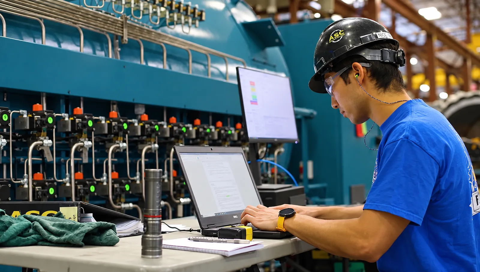 An ASC engineer working on a laptop beside an autoclave's vacuum valve stations